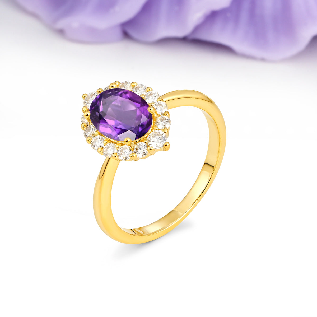 Dainty Plain Polished Band Ball Prong Oval Cut Halo Stackable Amethyst Engagement Ring - Additional view