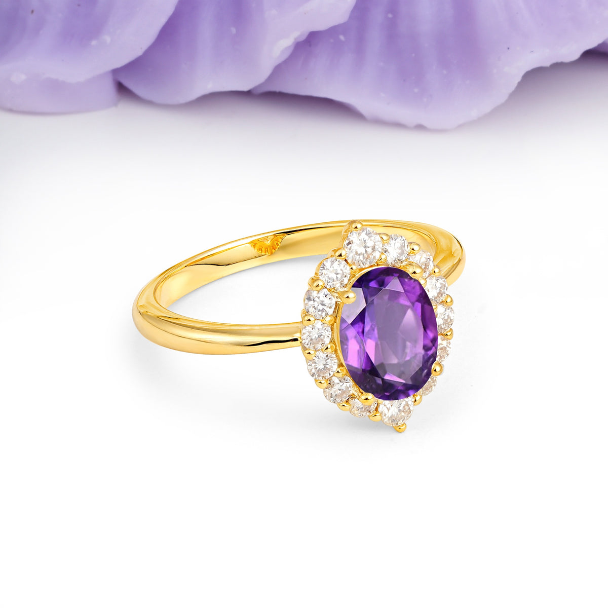 Dainty Plain Polished Band Ball Prong Oval Cut Halo Stackable Amethyst Engagement Ring - Additional view