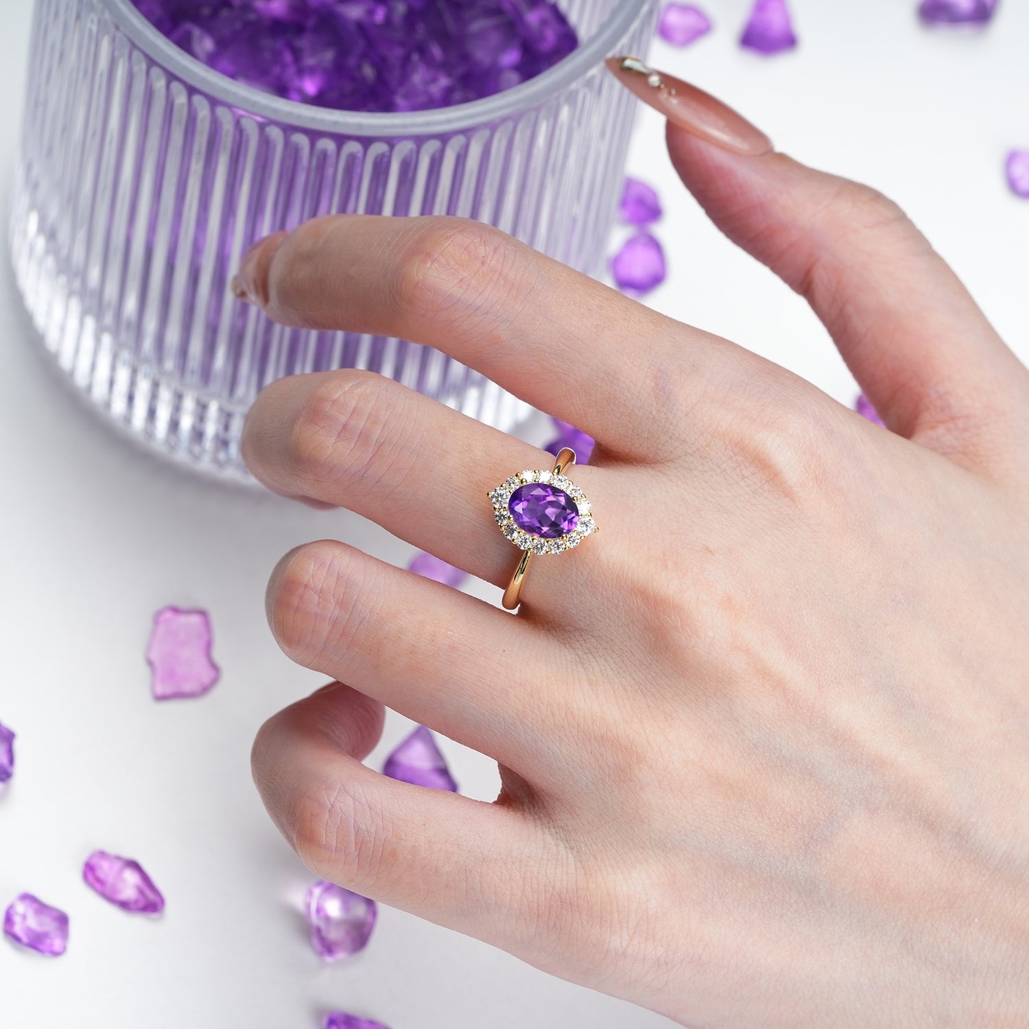Dainty Plain Polished Band Ball Prong Oval Cut Halo Stackable Amethyst Engagement Ring - Additional view