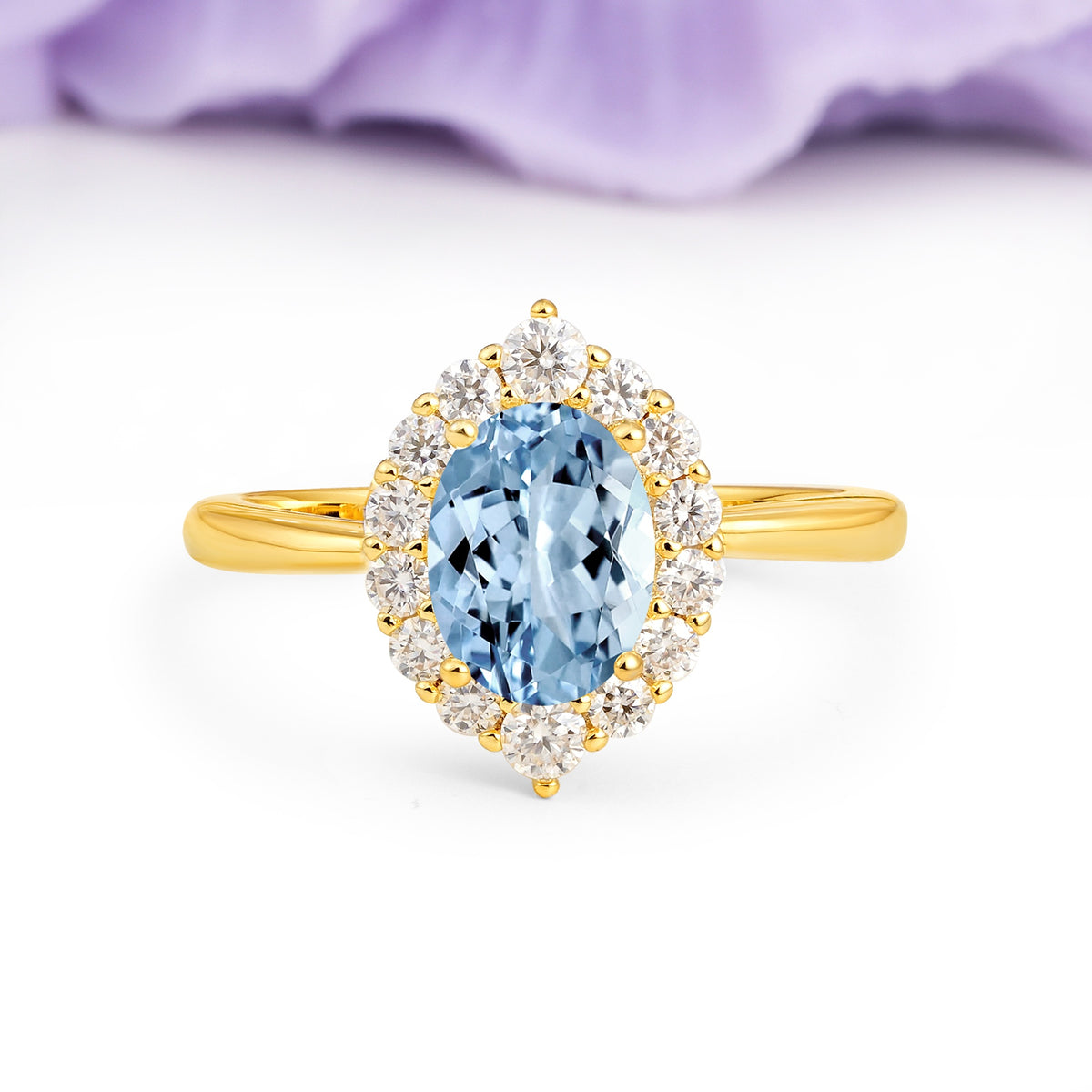 Dainty Plain Polished Band Ball Prong Oval Cut Halo Stackable Aquamarine Engagement Ring - Additional view