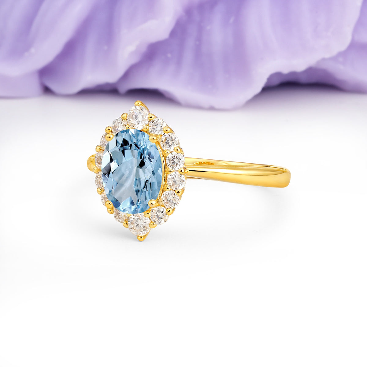 Dainty Plain Polished Band Ball Prong Oval Cut Halo Stackable Aquamarine Engagement Ring - Additional view