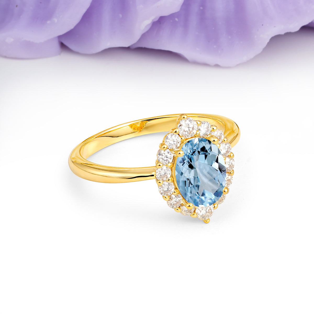 Dainty Plain Polished Band Ball Prong Oval Cut Halo Stackable Aquamarine Engagement Ring - Additional view