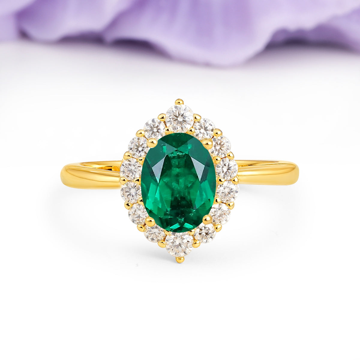 Dainty Plain Polished Band Ball Prong Oval Cut Halo Stackable Emerald Engagement Ring - Additional view