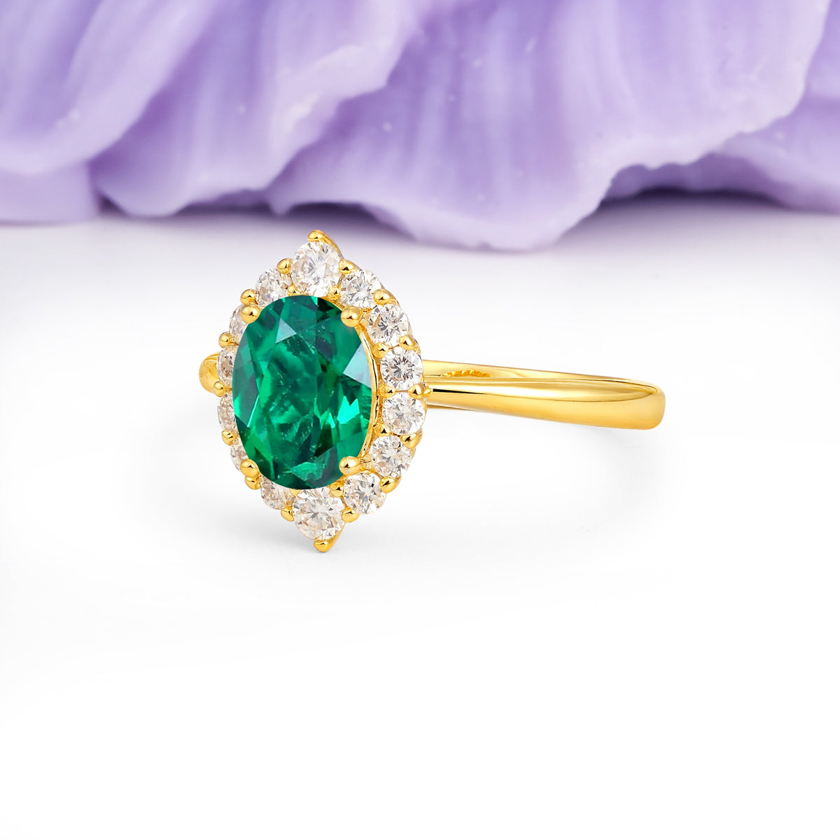 Dainty Plain Polished Band Ball Prong Oval Cut Halo Stackable Emerald Engagement Ring - Additional view