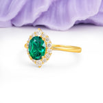Dainty Plain Polished Band Ball Prong Oval Cut Halo Stackable Emerald Engagement Ring - Additional view