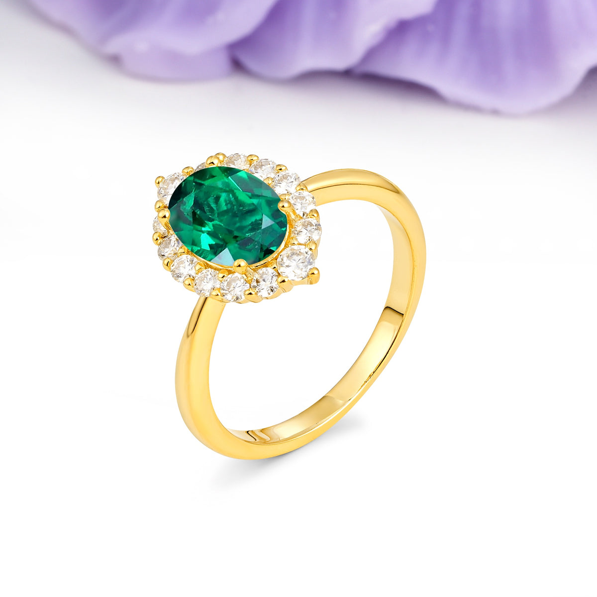 Dainty Plain Polished Band Ball Prong Oval Cut Halo Stackable Emerald Engagement Ring - Additional view