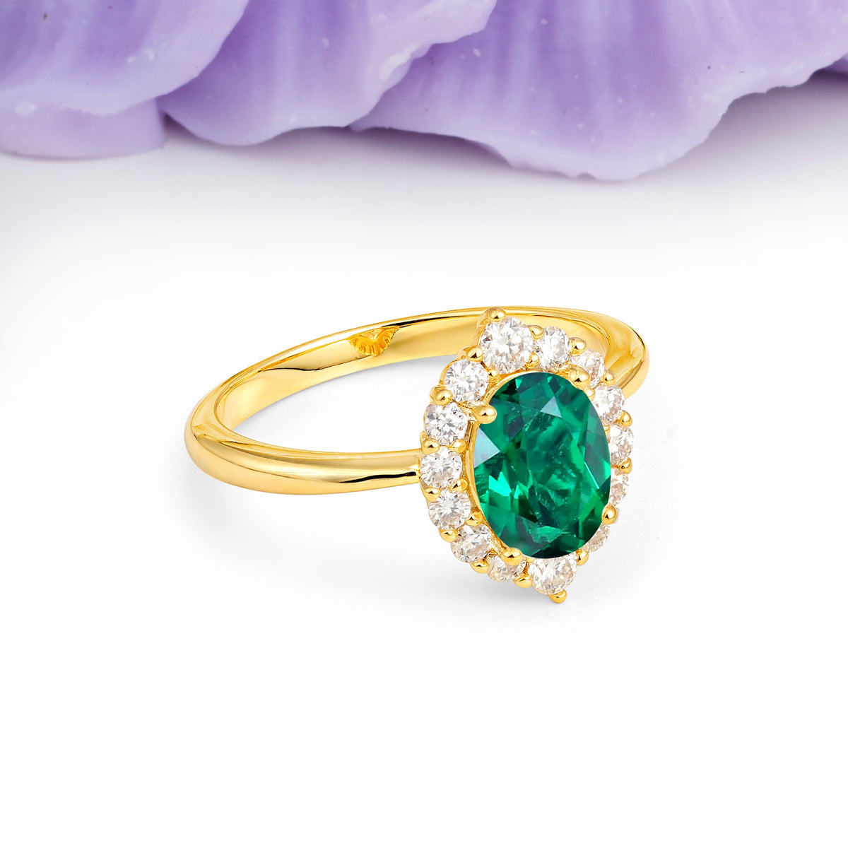 Dainty Plain Polished Band Ball Prong Oval Cut Halo Stackable Emerald Engagement Ring - Additional view