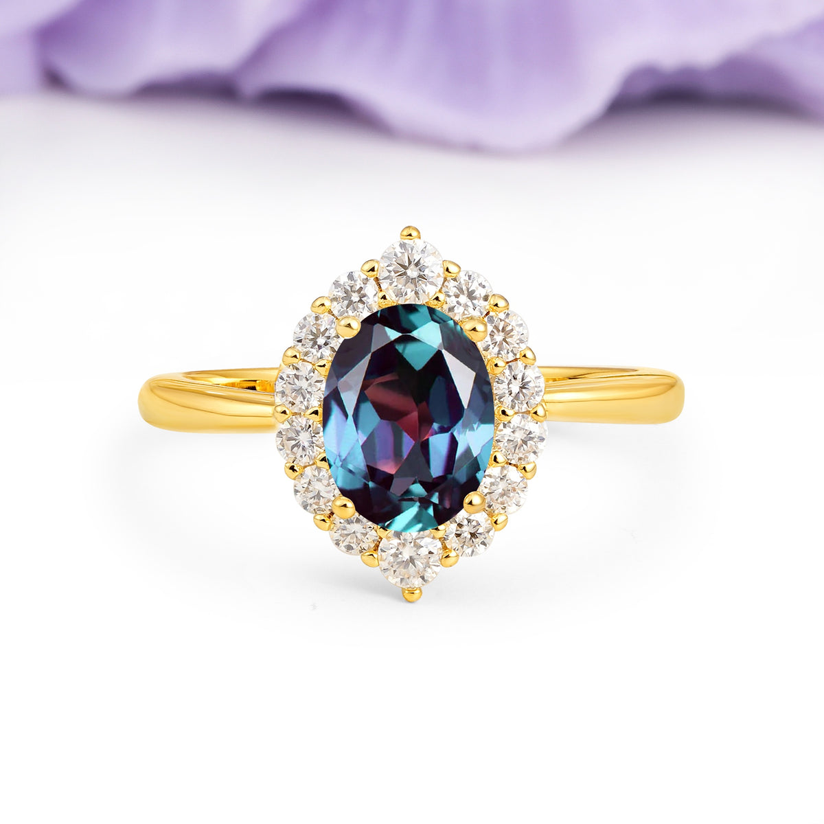 Dainty Plain Polished Band Ball Prong Oval Cut Halo Stackable Alexandrite Engagement Ring - Additional view