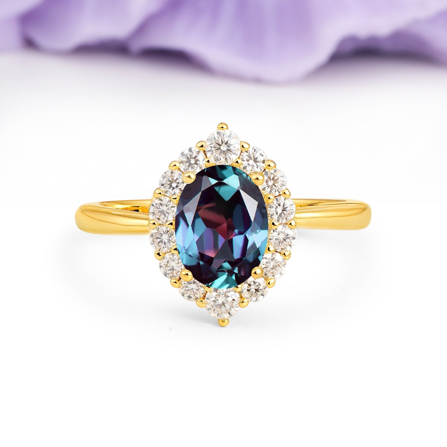 Dainty Plain Polished Band Ball Prong Oval Cut Halo Stackable Alexandrite Engagement Ring - Additional view