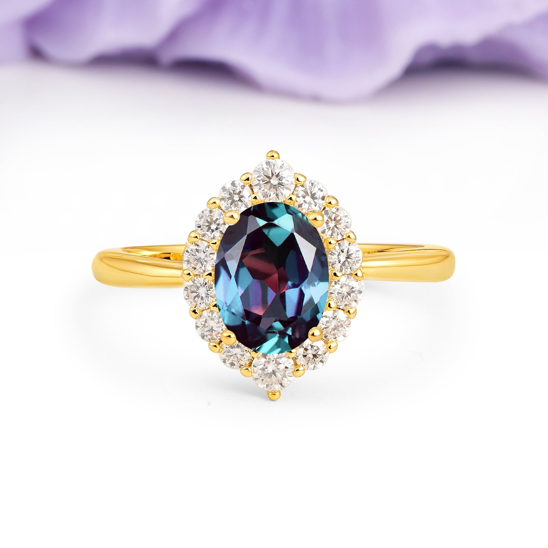 Dainty Plain Polished Band Ball Prong Oval Cut Halo Stackable Alexandrite Engagement Ring - Additional view