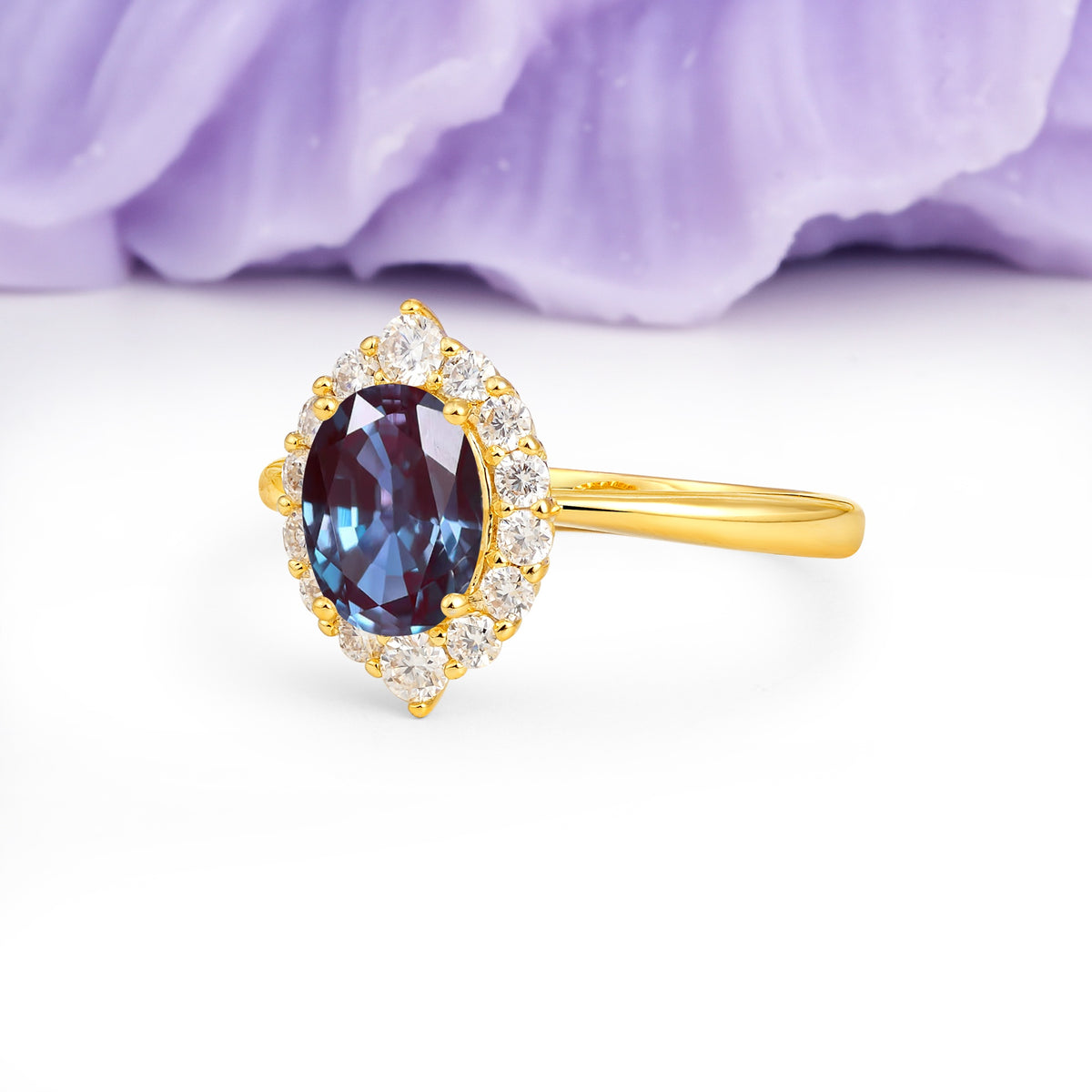 Dainty Plain Polished Band Ball Prong Oval Cut Halo Stackable Alexandrite Engagement Ring - Additional view