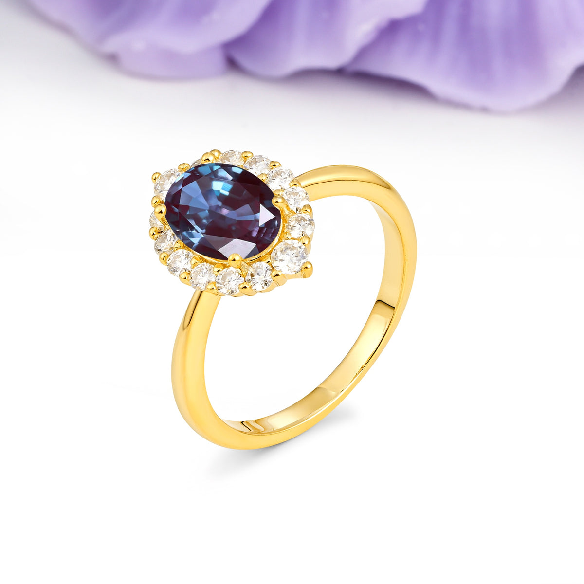 Dainty Plain Polished Band Ball Prong Oval Cut Halo Stackable Alexandrite Engagement Ring - Additional view