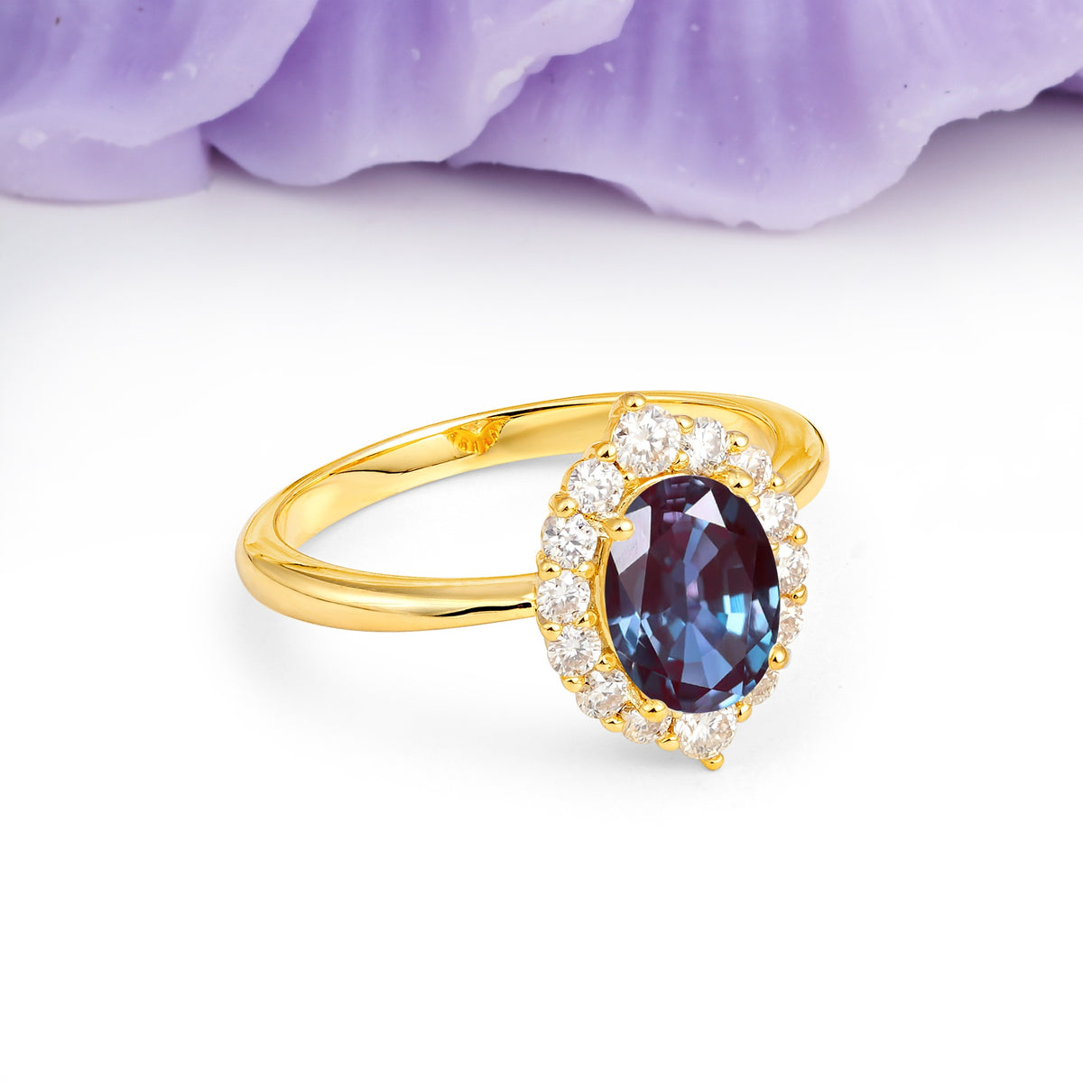 Dainty Plain Polished Band Ball Prong Oval Cut Halo Stackable Alexandrite Engagement Ring - Additional view