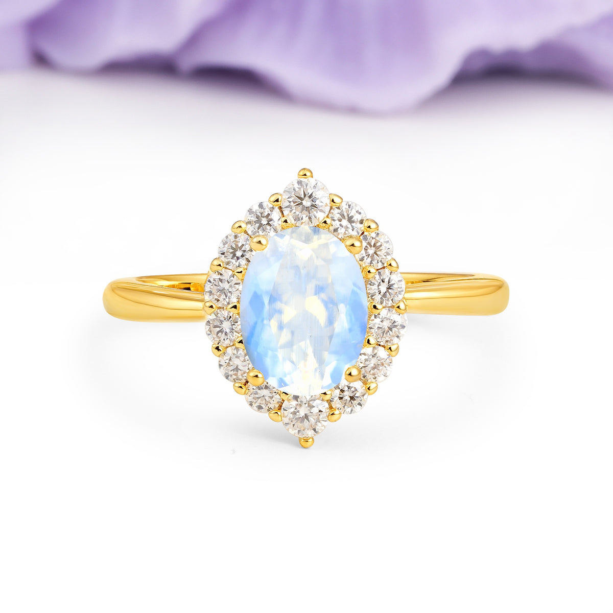 Dainty Plain Polished Band Ball Prong Oval Cut Halo Stackable Moonstone Engagement Ring - Additional view