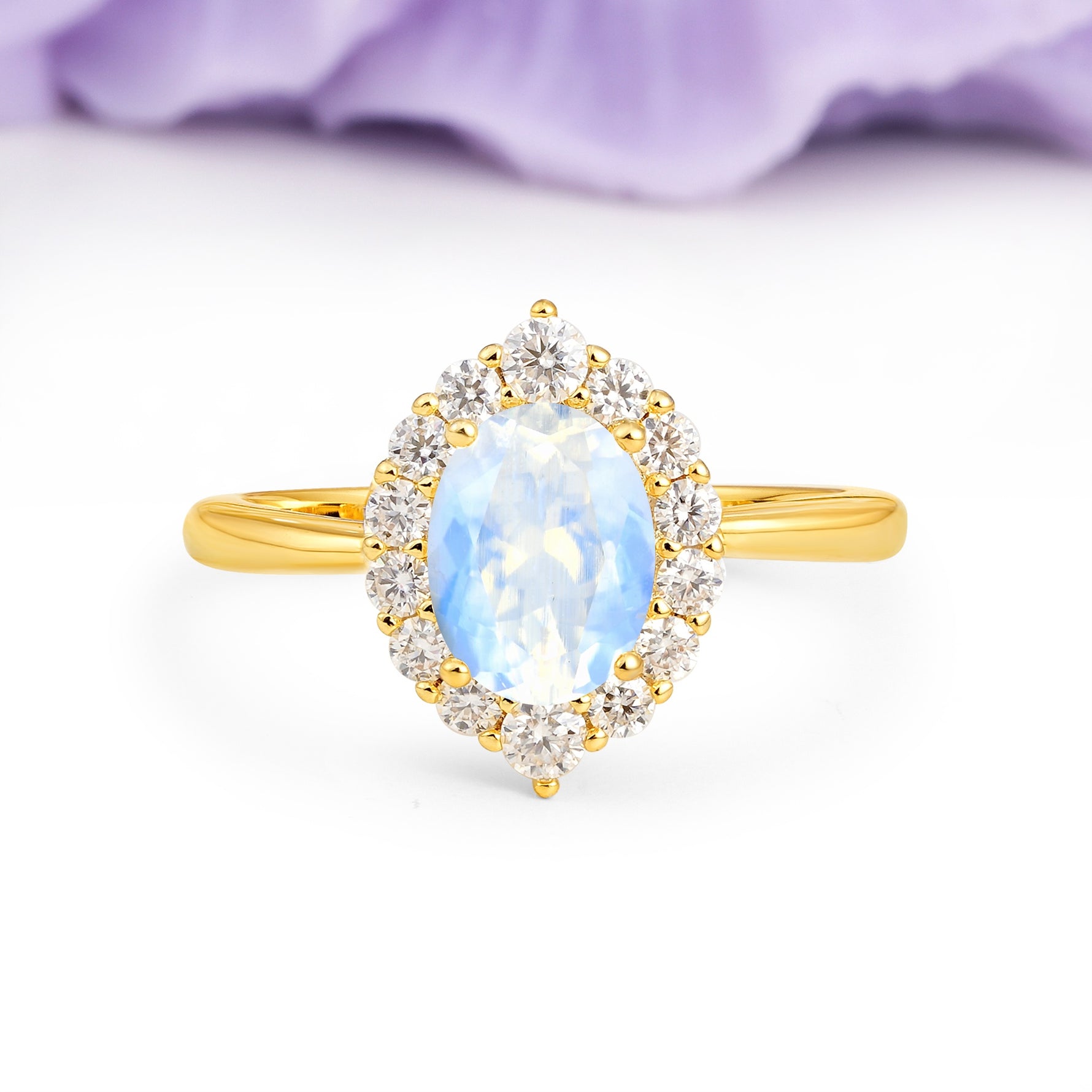 Dainty Plain Polished Band Ball Prong Oval Cut Halo Stackable Moonstone Engagement Ring - Additional view