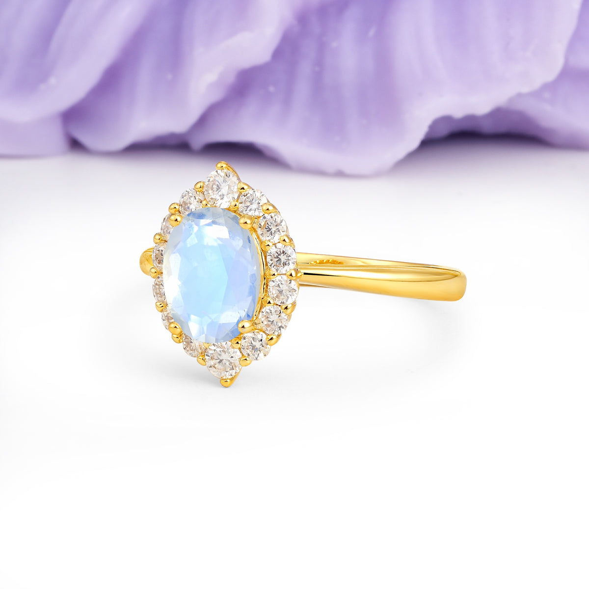 Dainty Plain Polished Band Ball Prong Oval Cut Halo Stackable Moonstone Engagement Ring - Additional view