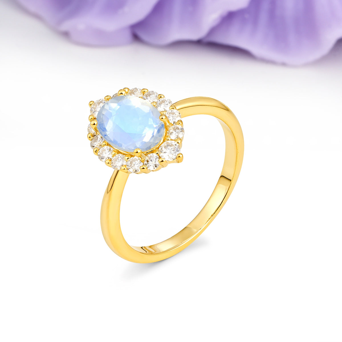 Dainty Plain Polished Band Ball Prong Oval Cut Halo Stackable Moonstone Engagement Ring - Additional view