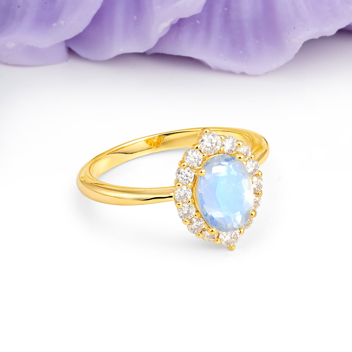 Dainty Plain Polished Band Ball Prong Oval Cut Halo Stackable Moonstone Engagement Ring - Additional view