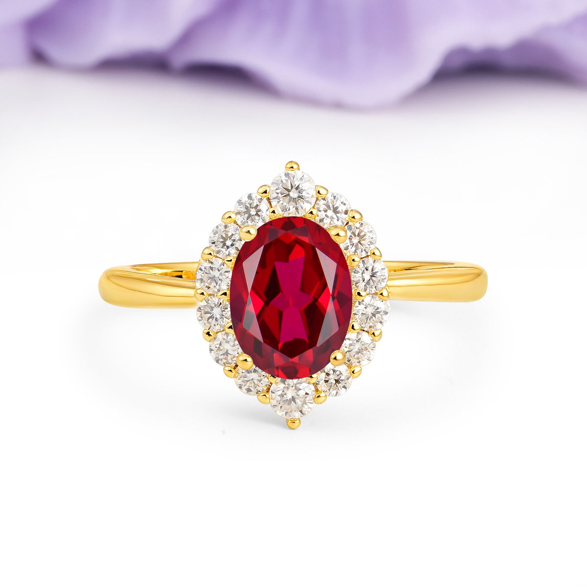 Dainty Plain Polished Band Ball Prong Oval Cut Halo Stackable Ruby Engagement Ring - Additional view
