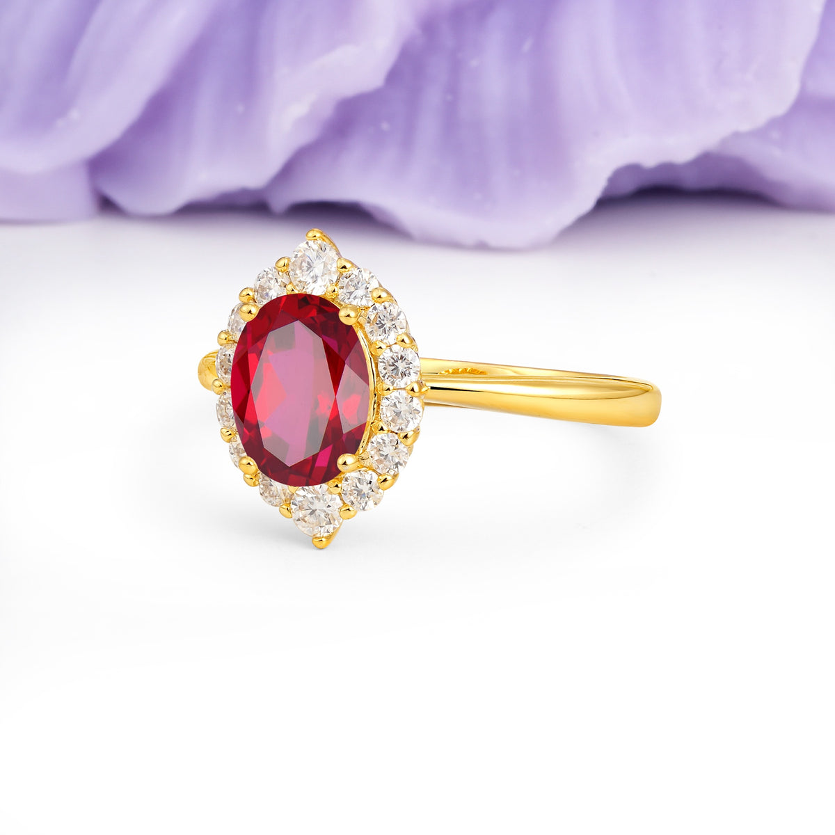 Dainty Plain Polished Band Ball Prong Oval Cut Halo Stackable Ruby Engagement Ring - Additional view