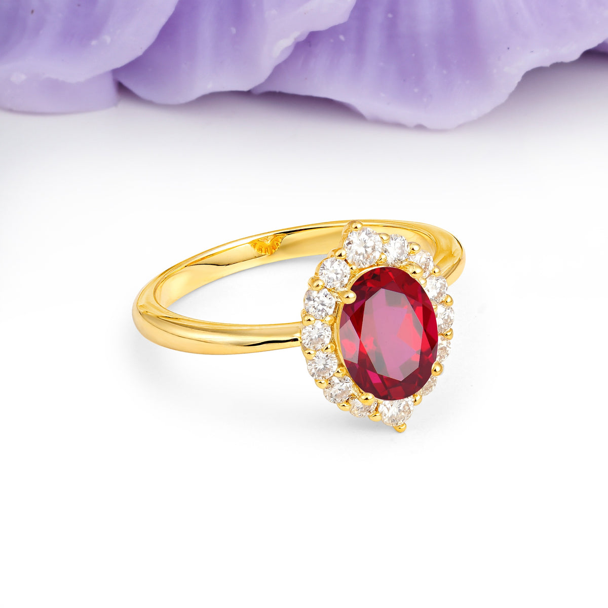Dainty Plain Polished Band Ball Prong Oval Cut Halo Stackable Ruby Engagement Ring - Additional view