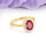 Dainty Plain Polished Band Ball Prong Oval Cut Halo Stackable Ruby Engagement Ring - Additional view