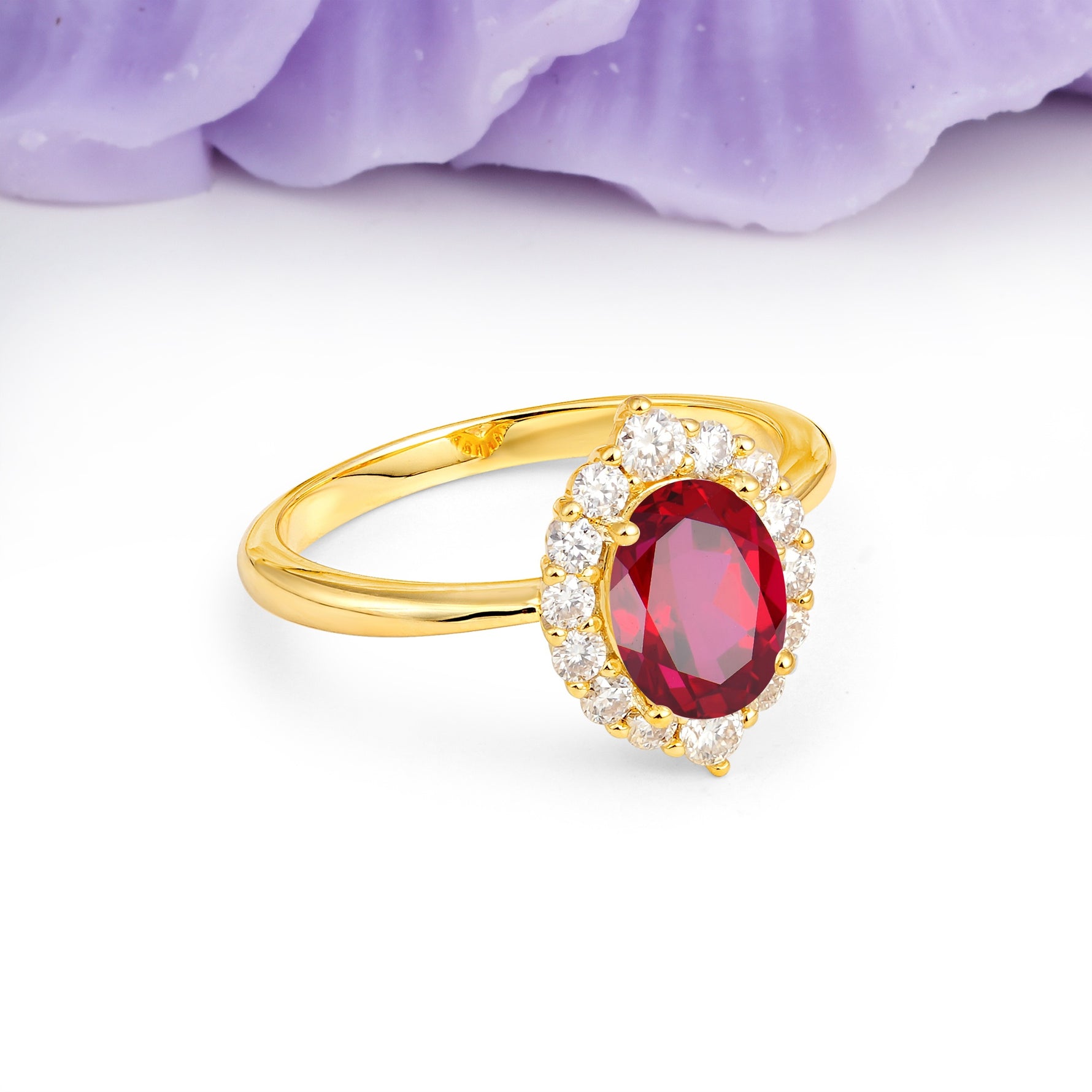Dainty Plain Polished Band Ball Prong Oval Cut Halo Stackable Ruby Engagement Ring - Additional view