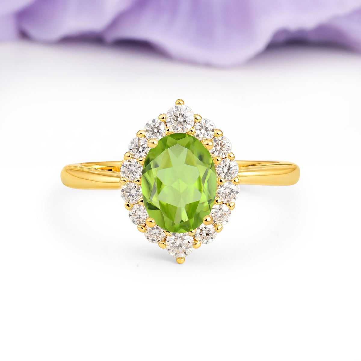 Dainty Plain Polished Band Ball Prong Oval Cut Halo Stackable Peridot Engagement Ring - Additional view