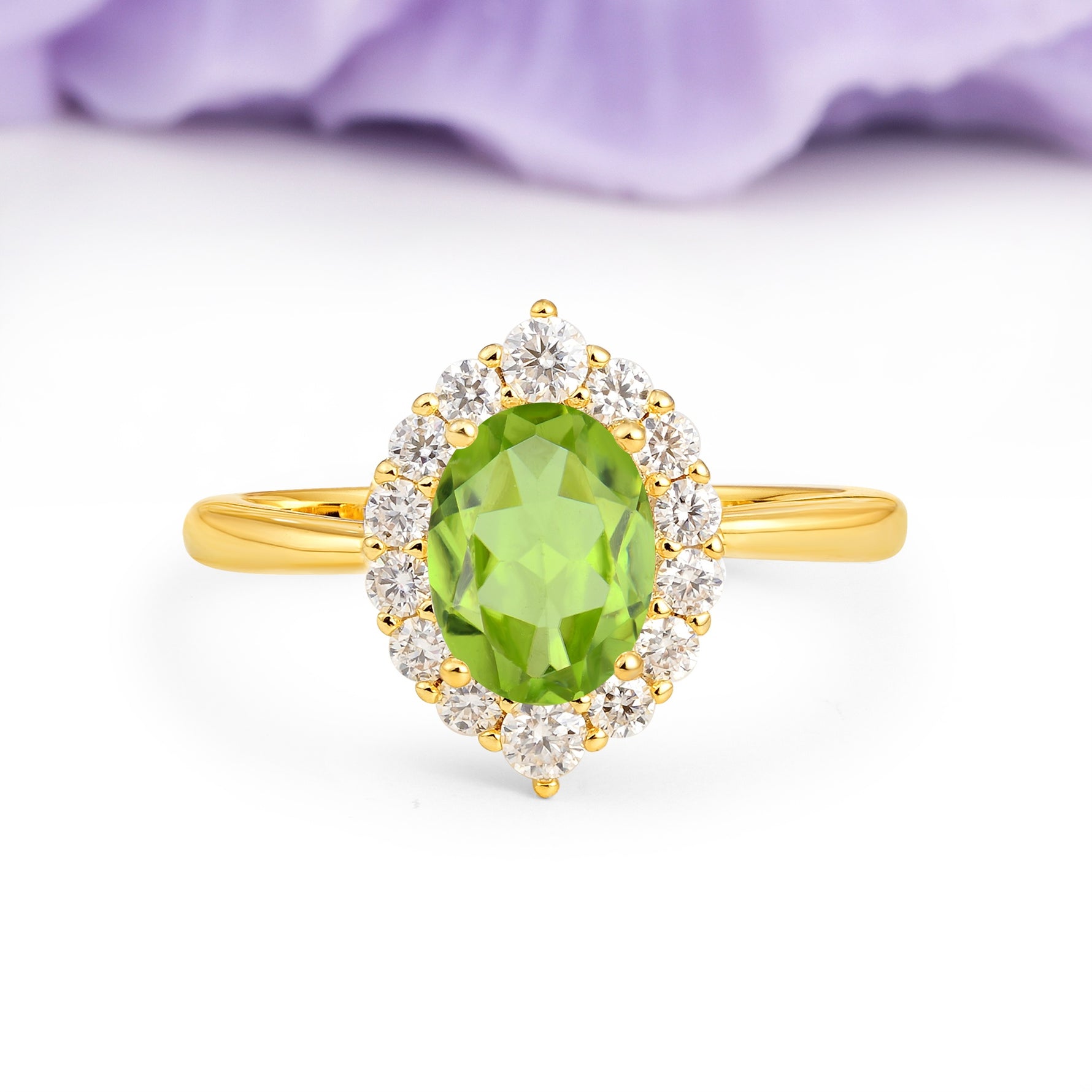 Dainty Plain Polished Band Ball Prong Oval Cut Halo Stackable Peridot Engagement Ring - Additional view