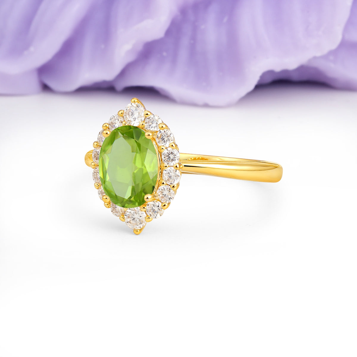 Dainty Plain Polished Band Ball Prong Oval Cut Halo Stackable Peridot Engagement Ring - Additional view
