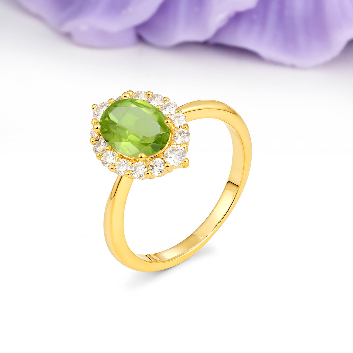 Dainty Plain Polished Band Ball Prong Oval Cut Halo Stackable Peridot Engagement Ring - Additional view