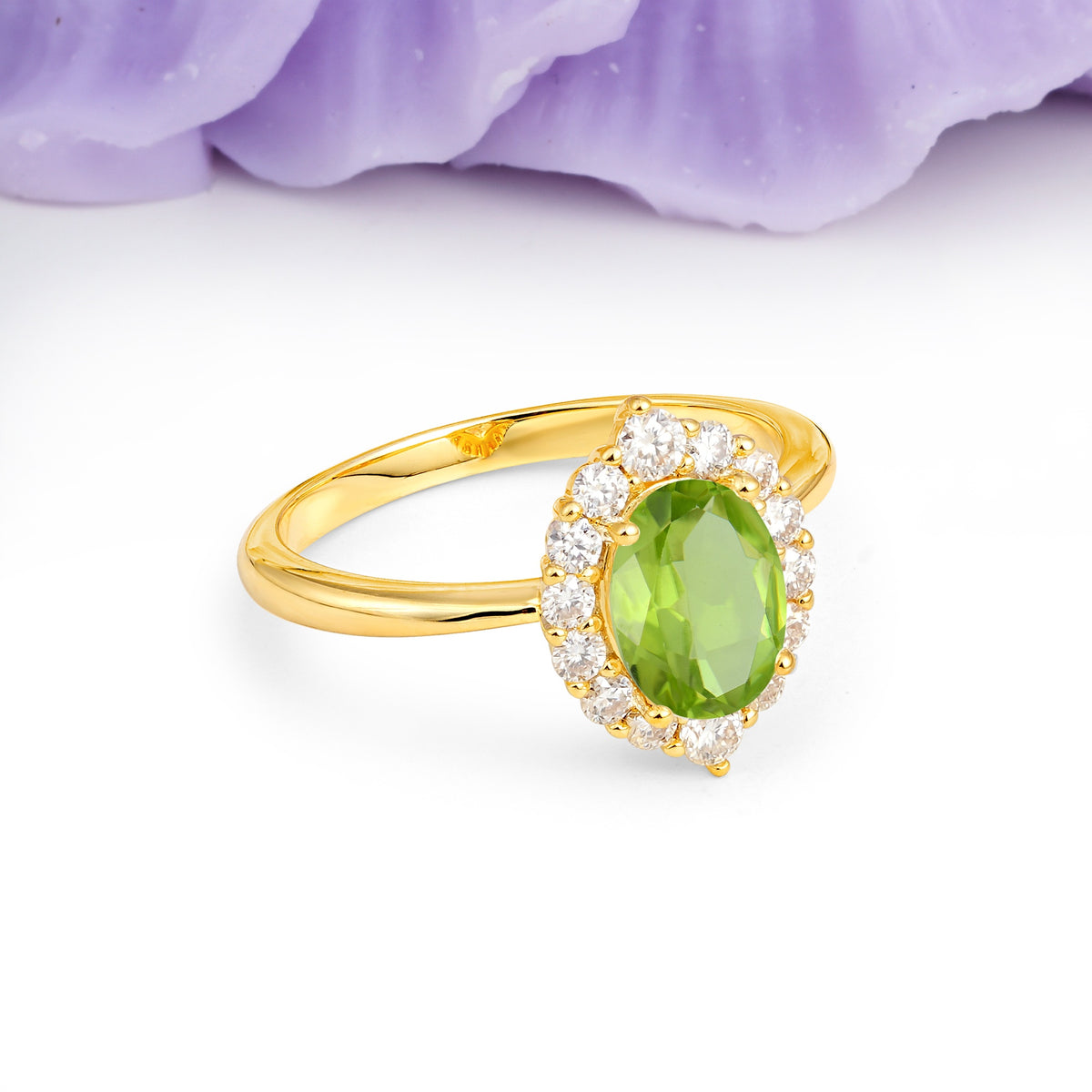 Dainty Plain Polished Band Ball Prong Oval Cut Halo Stackable Peridot Engagement Ring - Additional view