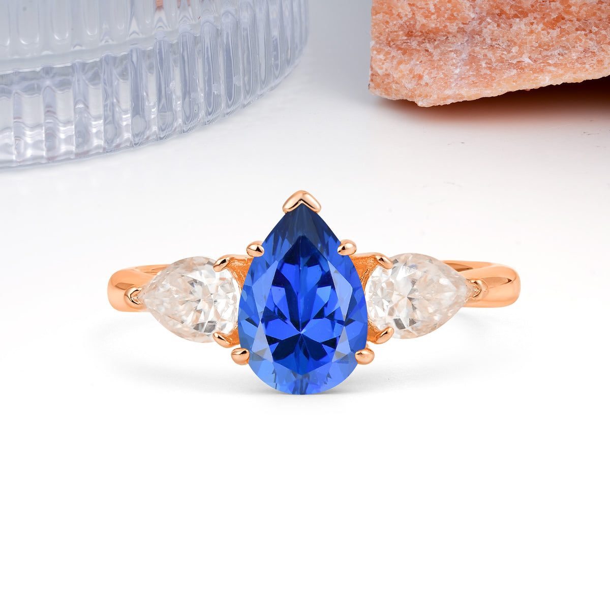 Classic, Luxurious 5-Prong Pear Cut Sapphire Three-Stone Wedding Ring - Additional view