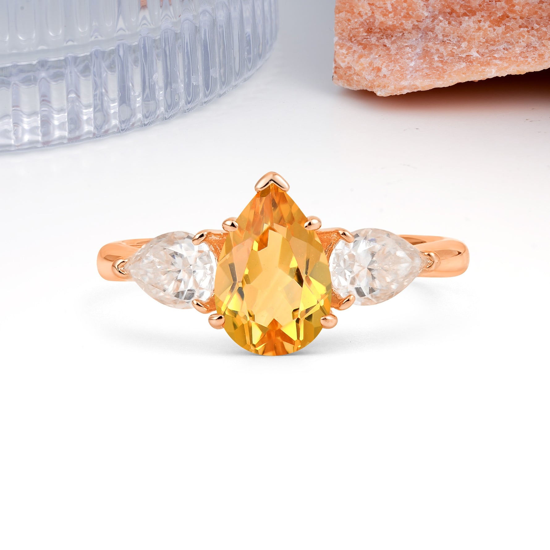 Classic, Luxurious 5-Prong Pear Cut Citrine Three-Stone Wedding Ring - Additional view