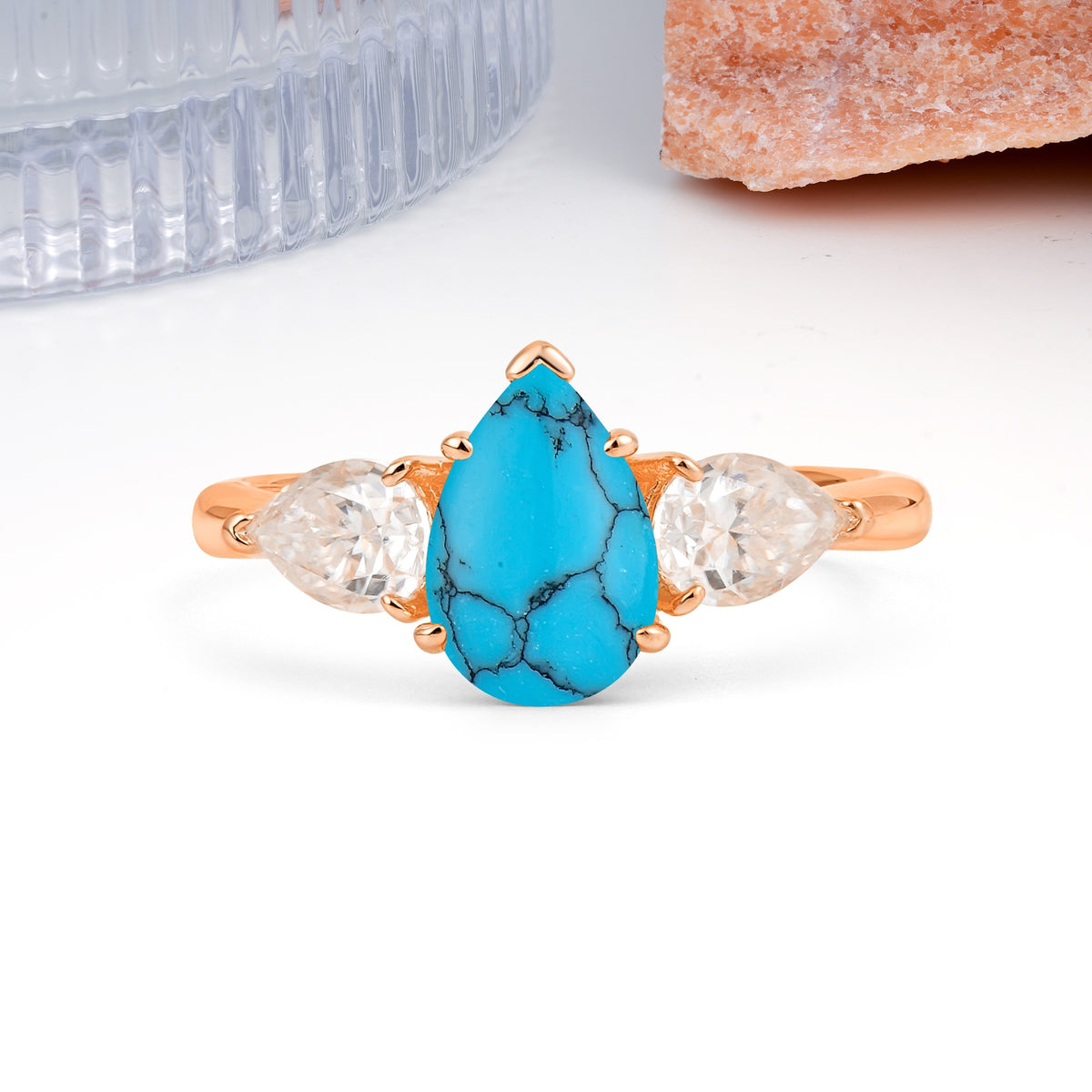 Classic, Luxurious 5-Prong Pear Cut Turquoise Three-Stone Wedding Ring - Additional view