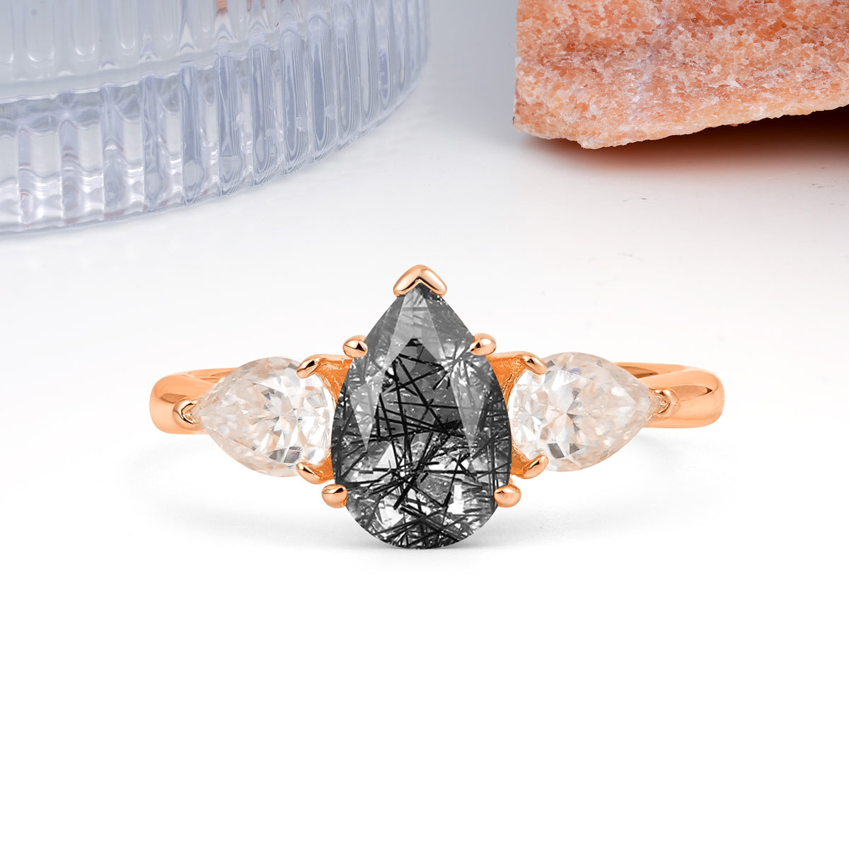 Classic, Luxurious 5-Prong Pear Cut Black Rutilated Quartz Three-Stone Wedding Ring - Additional view