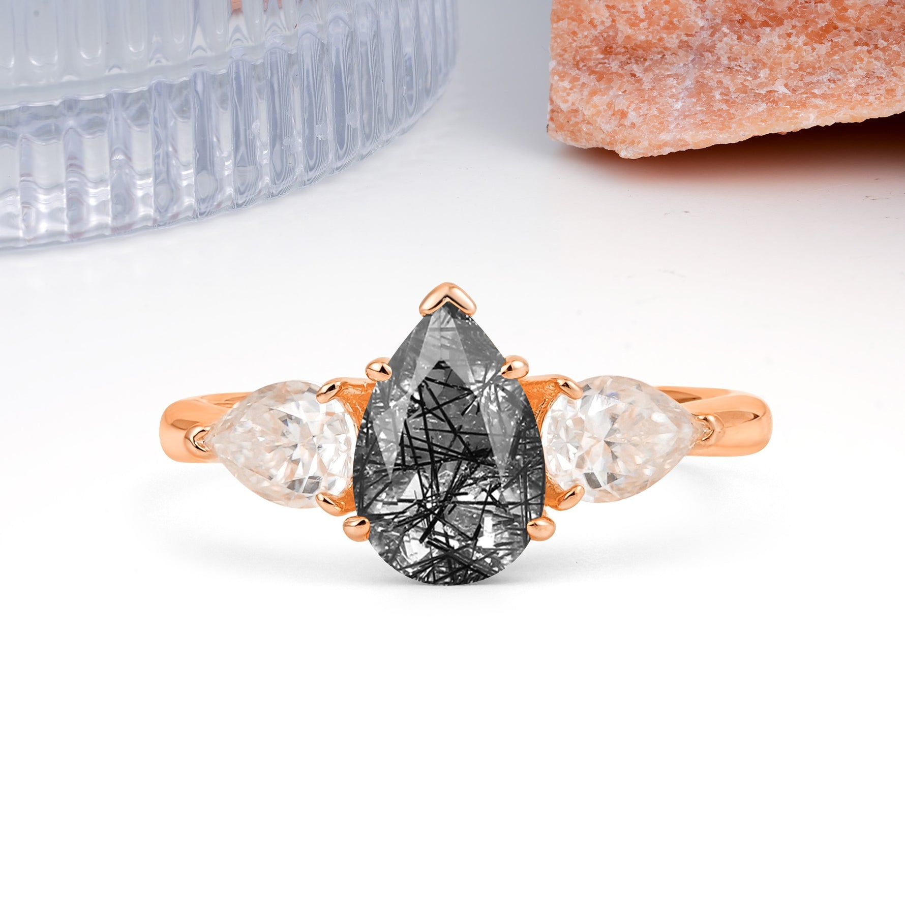 Classic, Luxurious 5-Prong Pear Cut Black Rutilated Quartz Three-Stone Wedding Ring - Additional view