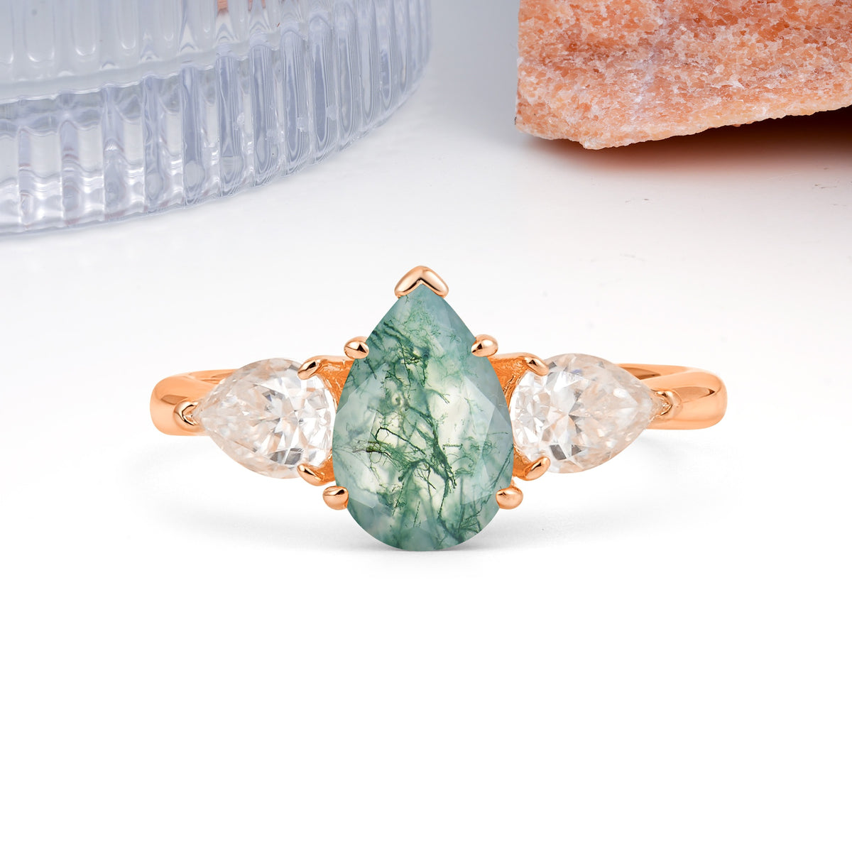 Classic, Luxurious 5-Prong Pear Cut Moss Agate Three-Stone Wedding Ring - Additional view