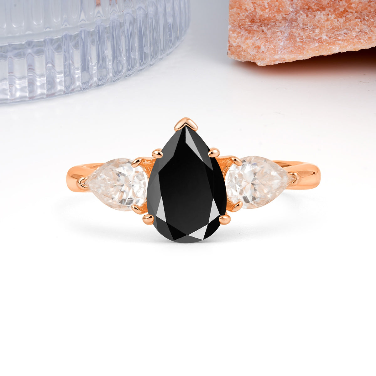 Classic, Luxurious 5-Prong Pear Cut Black Onyx Three-Stone Wedding Ring - Additional view