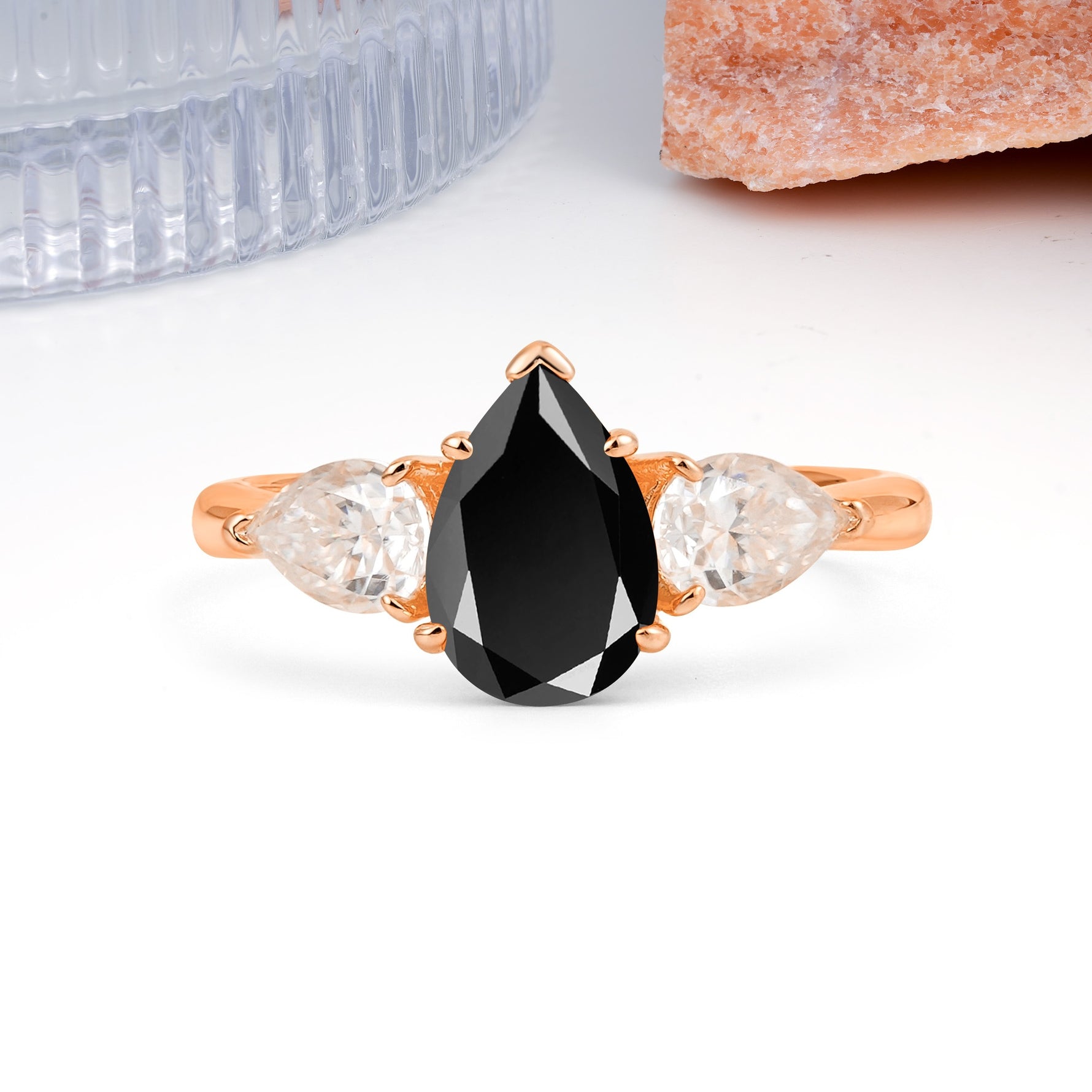 Classic, Luxurious 5-Prong Pear Cut Black Onyx Three-Stone Wedding Ring - Additional view