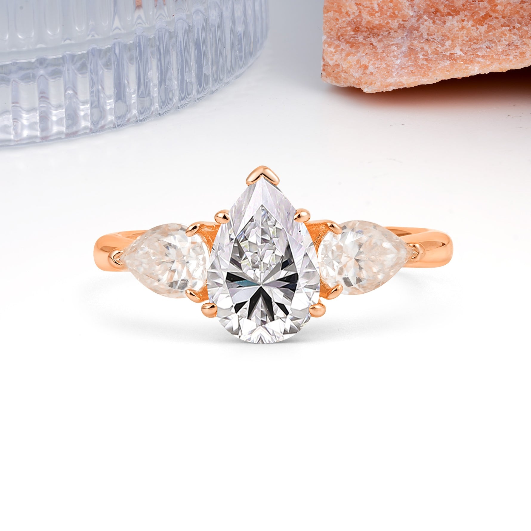 Classic, Luxurious 5-Prong Pear Cut Lab Diamond Three-Stone Wedding Ring - Additional view