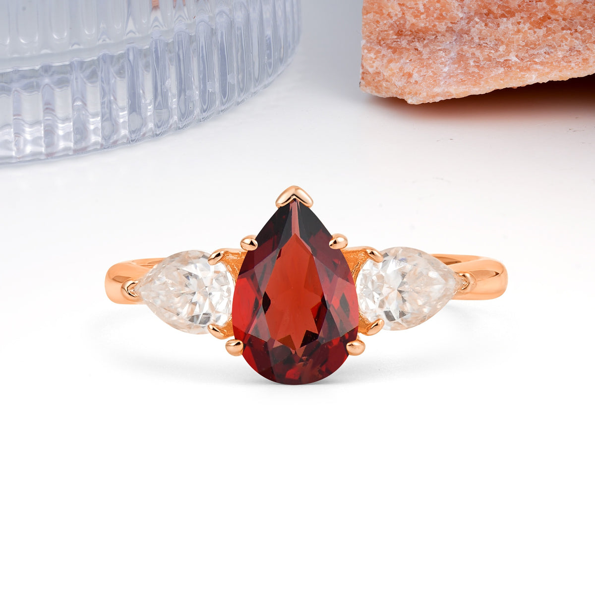 Classic, Luxurious 5-Prong Pear Cut Garnet Three-Stone Wedding Ring - Additional view