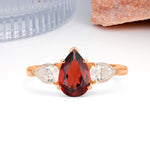 Classic, Luxurious 5-Prong Pear Cut Garnet Three-Stone Wedding Ring - Additional view