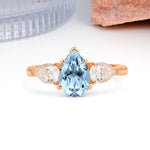 Classic, Luxurious 5-Prong Pear Cut Aquamarine Three-Stone Wedding Ring - Additional view