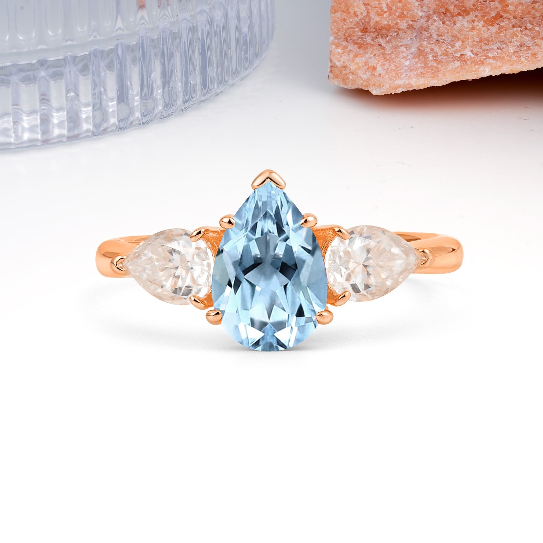 Classic, Luxurious 5-Prong Pear Cut Aquamarine Three-Stone Wedding Ring - Additional view