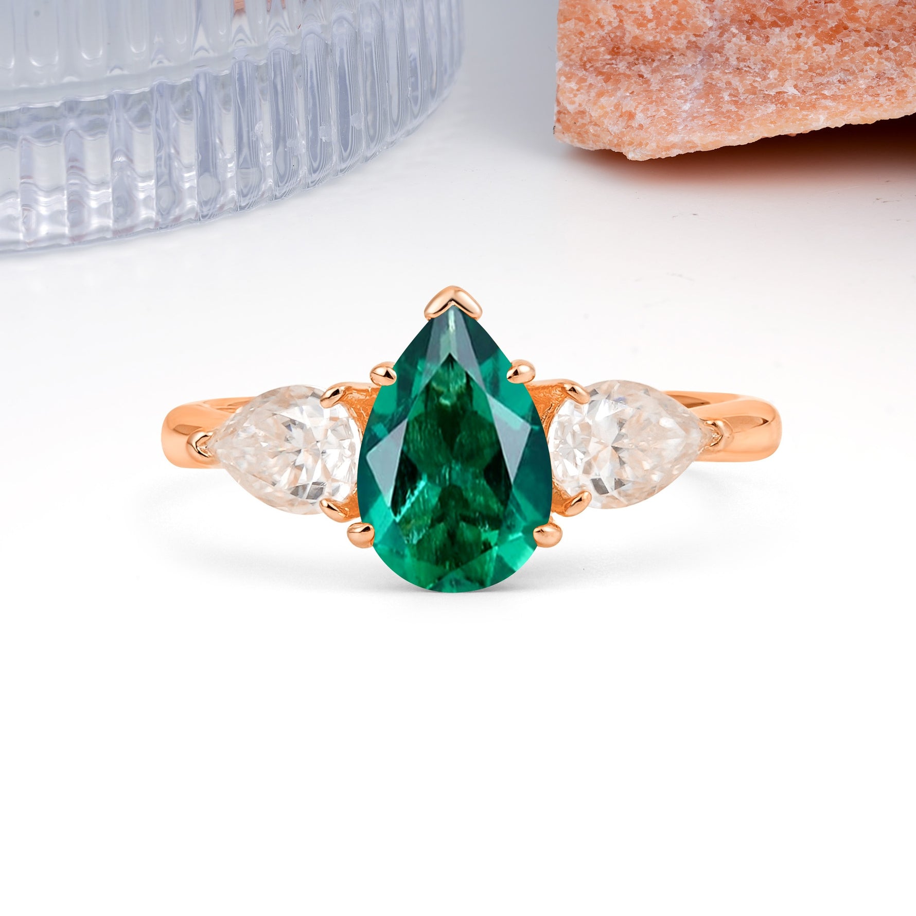 Classic, Luxurious 5-Prong Pear Cut Emerald Three-Stone Wedding Ring - Additional view