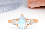 Classic, Luxurious 5-Prong Pear Cut Moonstone Three-Stone Wedding Ring - Additional view