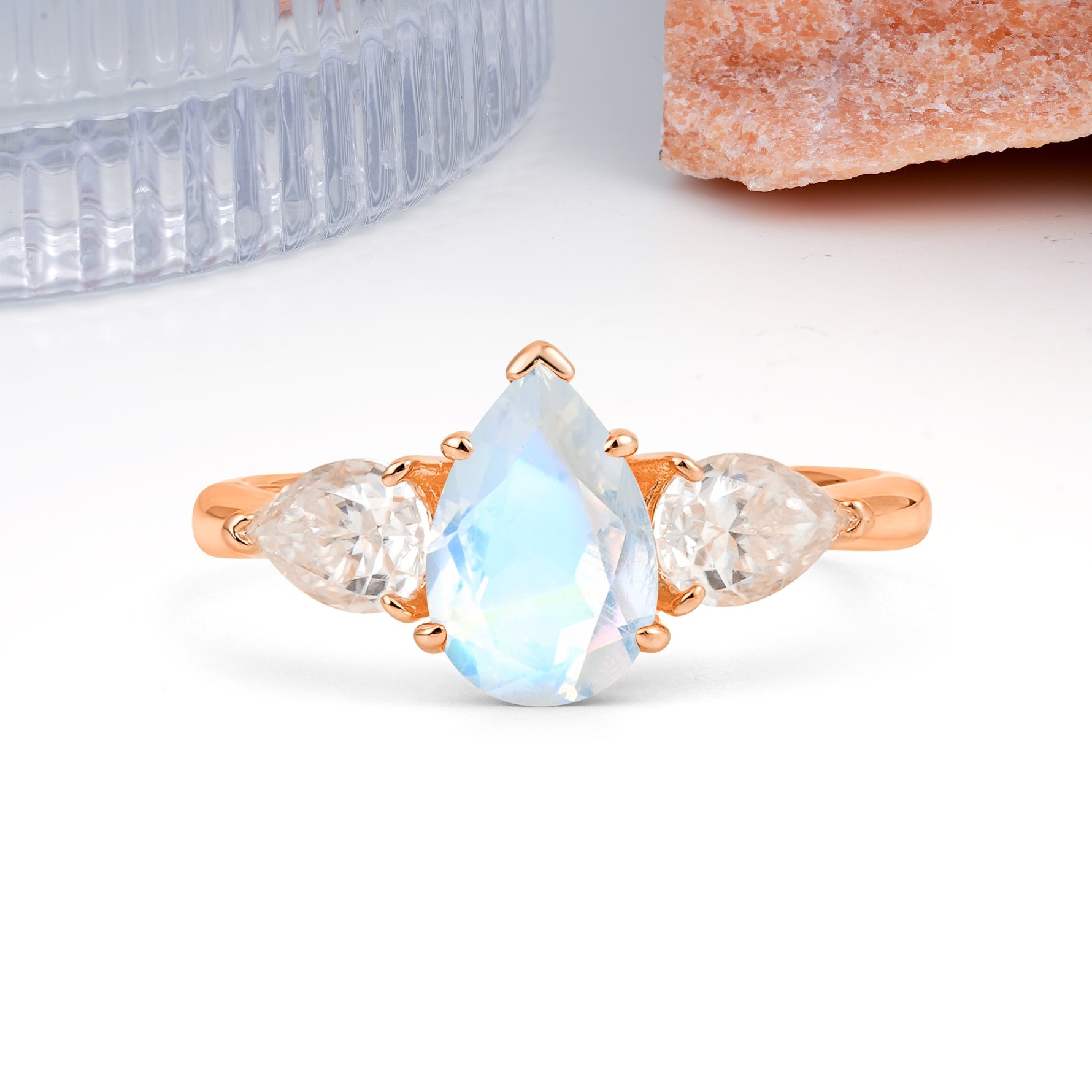 Classic, Luxurious 5-Prong Pear Cut Moonstone Three-Stone Wedding Ring - Additional view
