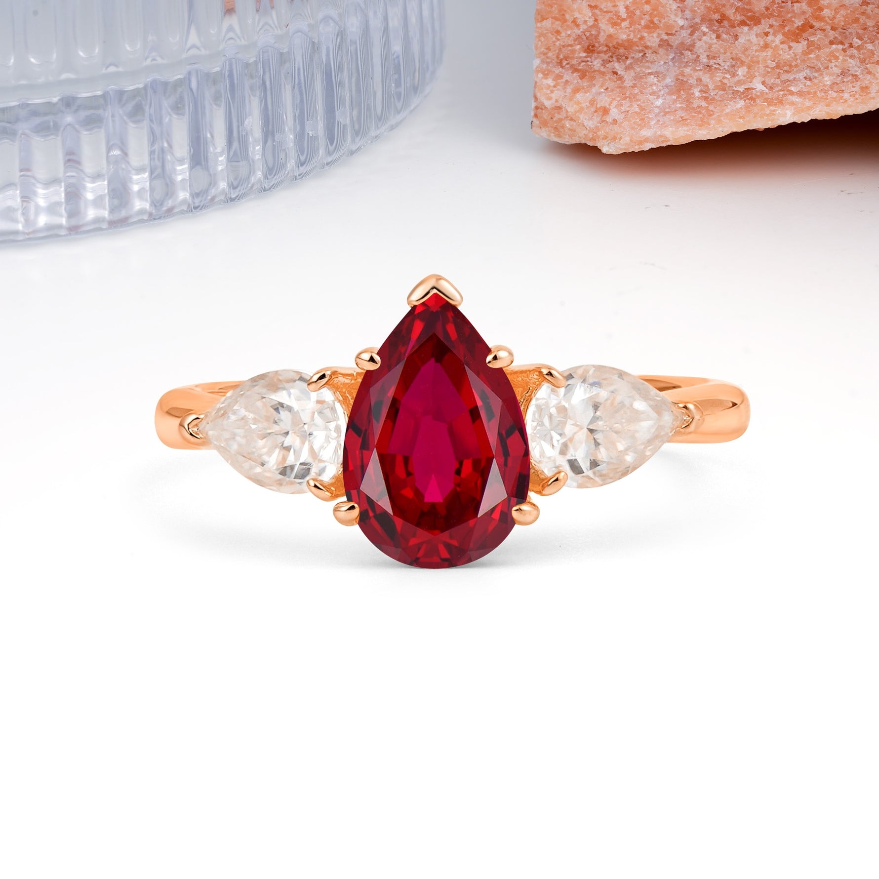 Classic, Luxurious 5-Prong Pear Cut Ruby Three-Stone Wedding Ring - Additional view