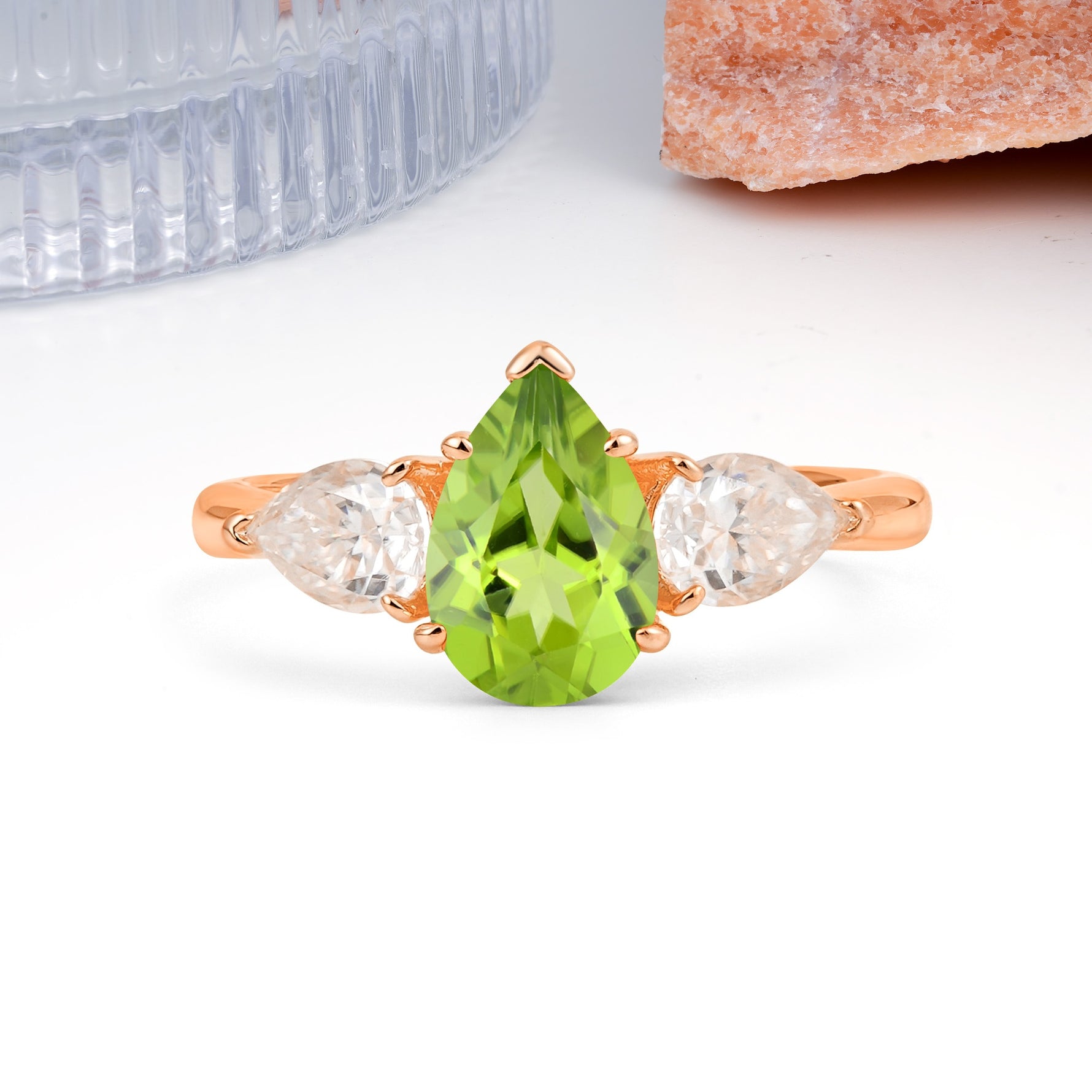 Classic, Luxurious 5-Prong Pear Cut Peridot Three-Stone Wedding Ring - Additional view